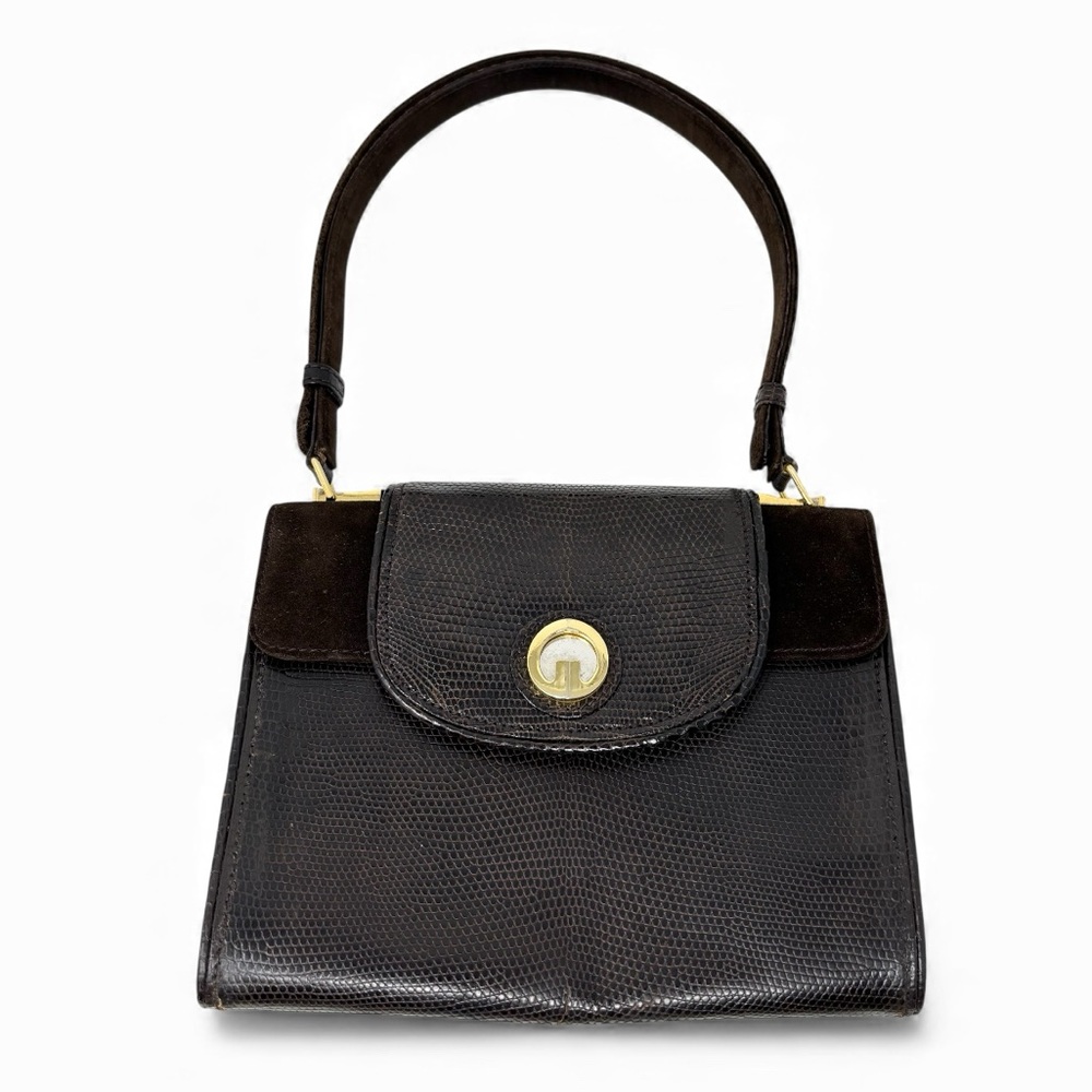 Gucci Vintage 1970s Blondie Logo Lizard & Suede Top Handle Bag Chocolate Brown